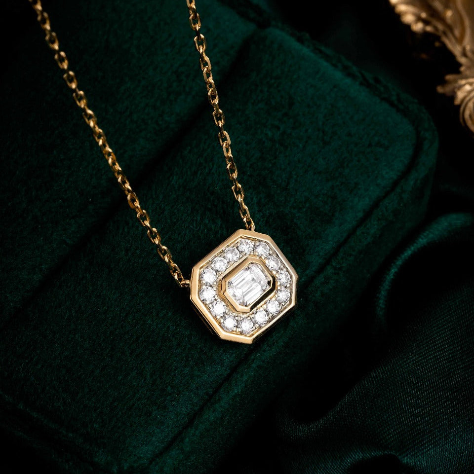 Bezel Emerald Halo Lab Grown Diamond Necklace 16-18 Inch in 14k Yellow Gold