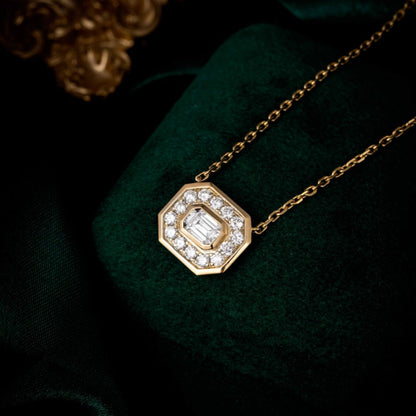 Bezel Emerald Halo Lab Grown Diamond Necklace 16-18 Inch in 14k Yellow Gold
