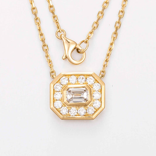 Bezel Emerald Halo Lab Grown Diamond Necklace 16-18 Inch in 14k Yellow Gold