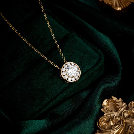 1ct Bezel Round Halo Lab Grown Diamond Pendant Necklace in 14k Yellow Gold