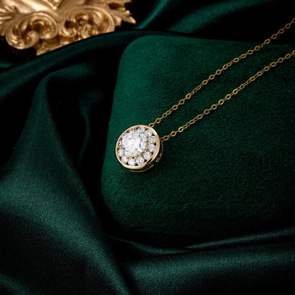 1ct Bezel Round Halo Lab Grown Diamond Pendant Necklace in 14k Yellow Gold