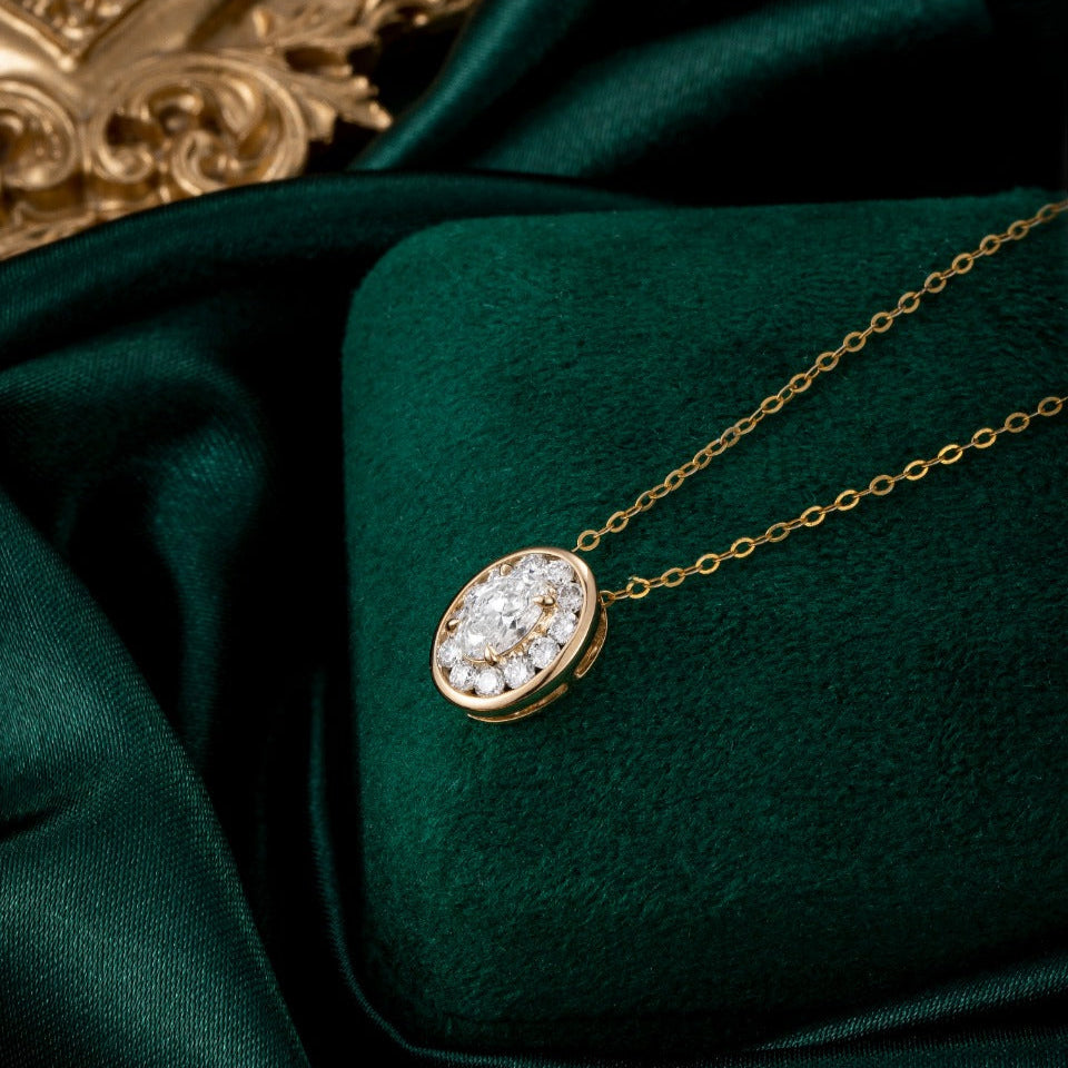 1/2 ct Bezel Oval Halo Lab Grown Diamond Pendant Necklace in 14k Yellow Gold