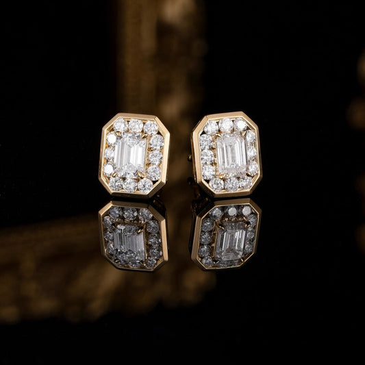 1.6ctw Bezel Emerald Halo Lab Grown Diamonds Earstuds (Pair) in 14k Yellow Gold