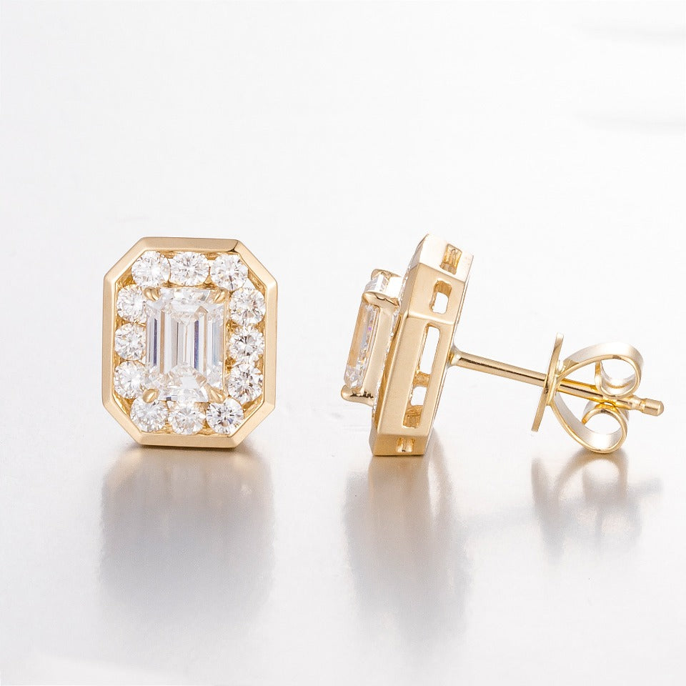 1.6ctw Bezel Emerald Halo Lab Grown Diamonds Earstuds (Pair) in 14k Yellow Gold