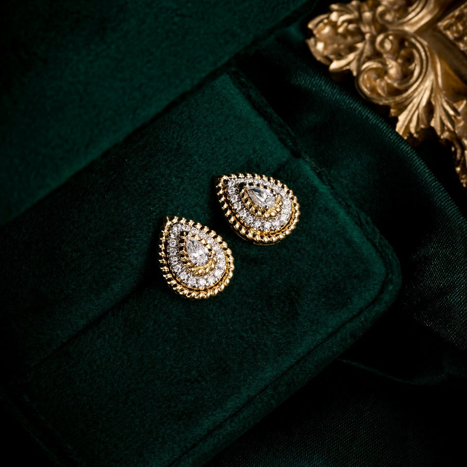 3/5 ctw Contemporary Pear Halo Lab Grown Diamonds Earstuds (Pair) in 14k Yellow Gold