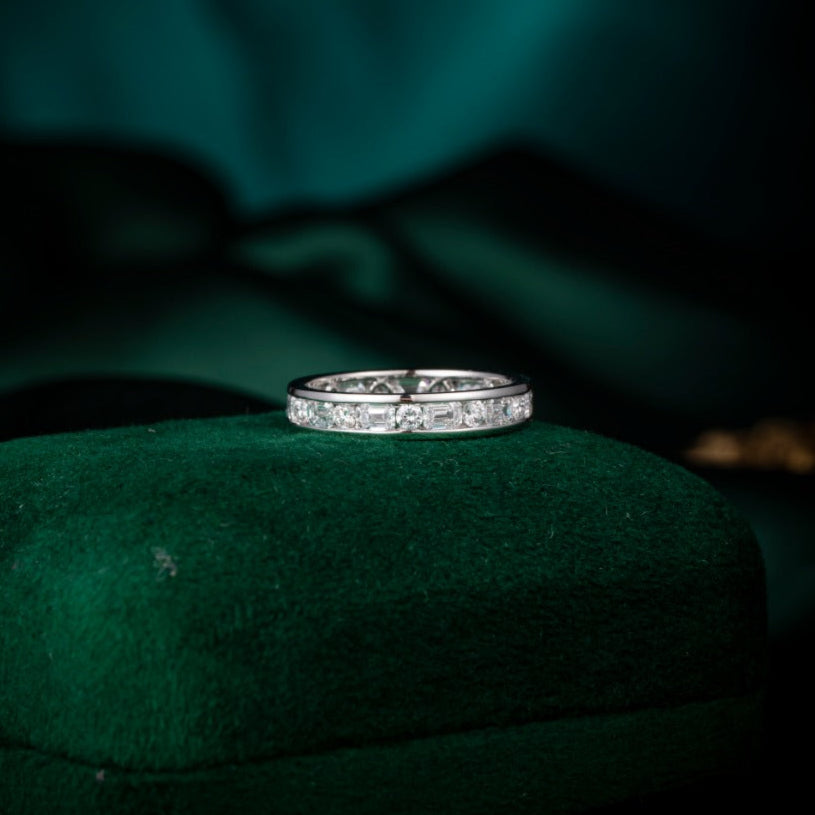 1.7 ctw Channel Emerald &Round Lab Grown Diamond Eternity Band in 14k White Gold