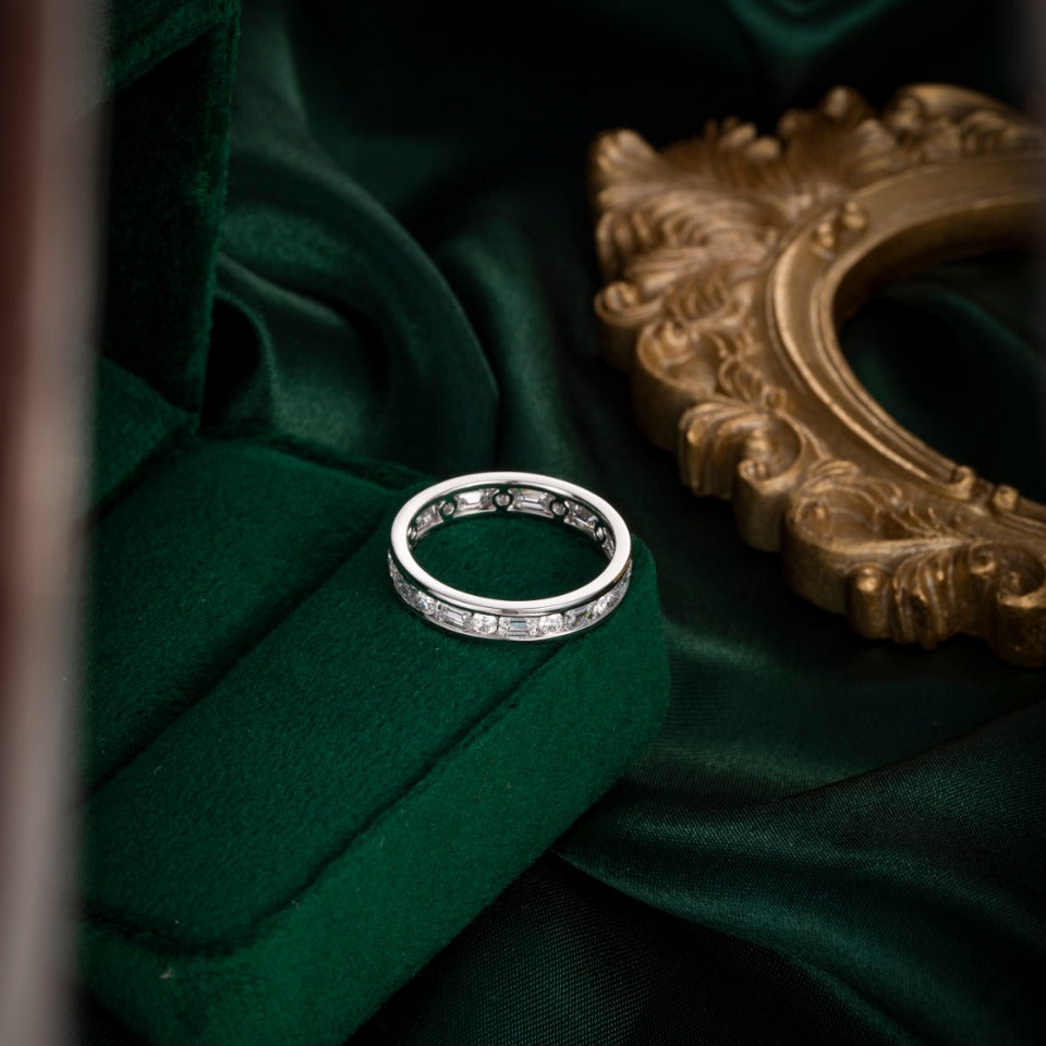 1.7 ctw Channel Emerald &Round Lab Grown Diamond Eternity Band in 14k White Gold