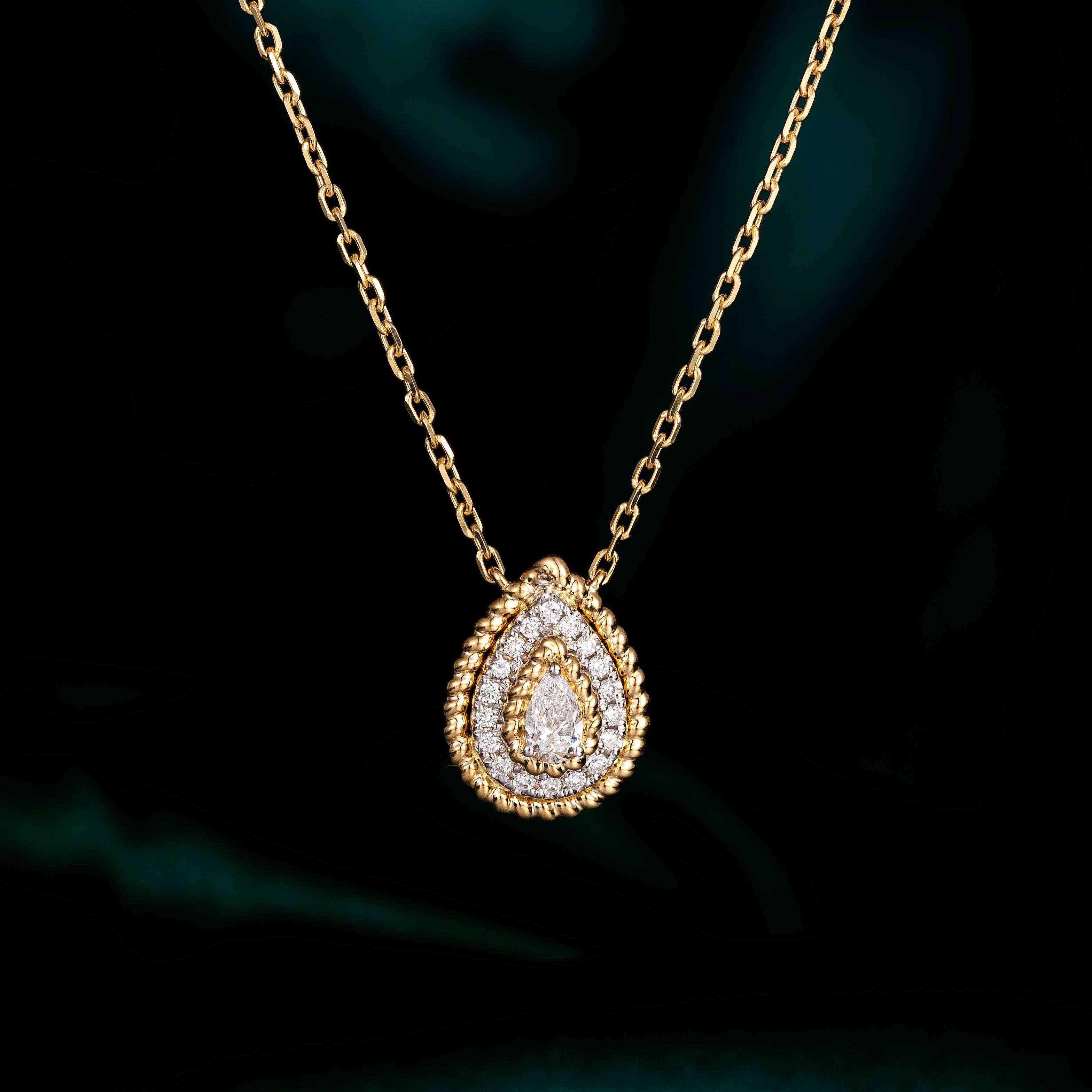 Contemporary Pear Halo Lab Grown Diamond Pendant 16-18 Inch in 14k Yellow Gold