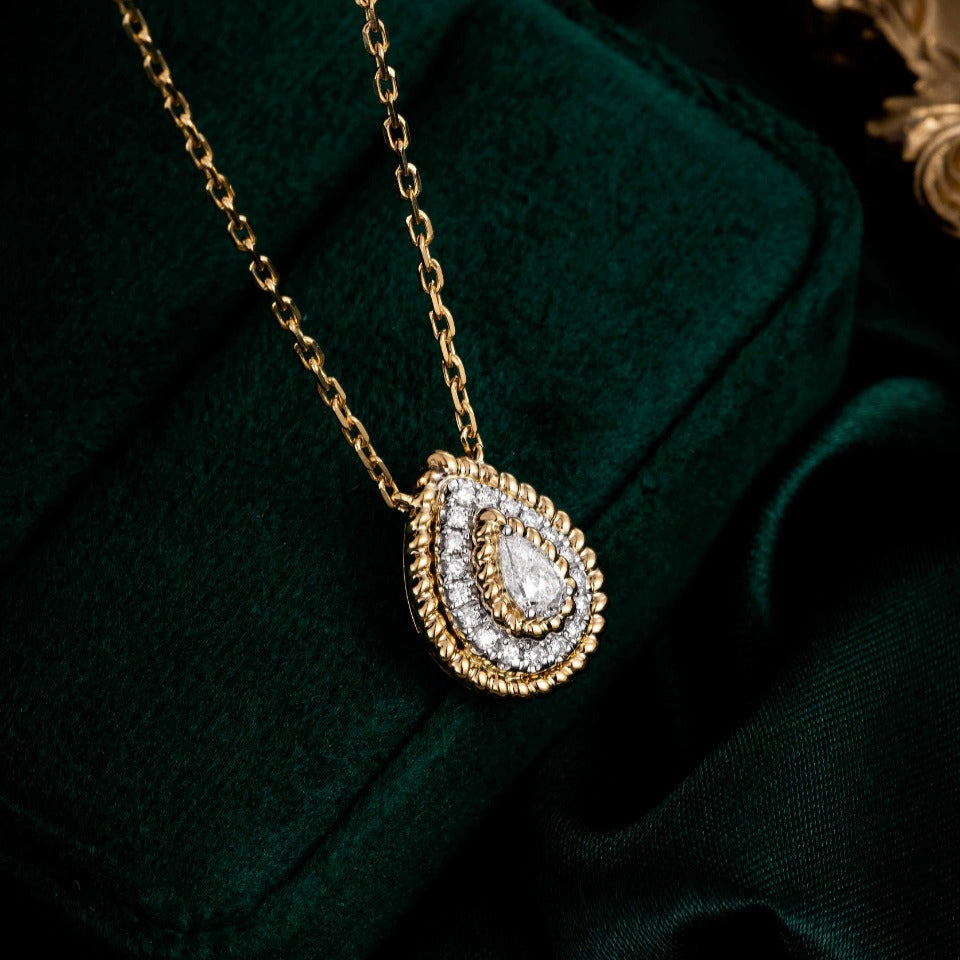 Contemporary Pear Halo Lab Grown Diamond Pendant 16-18 Inch in 14k Yellow Gold