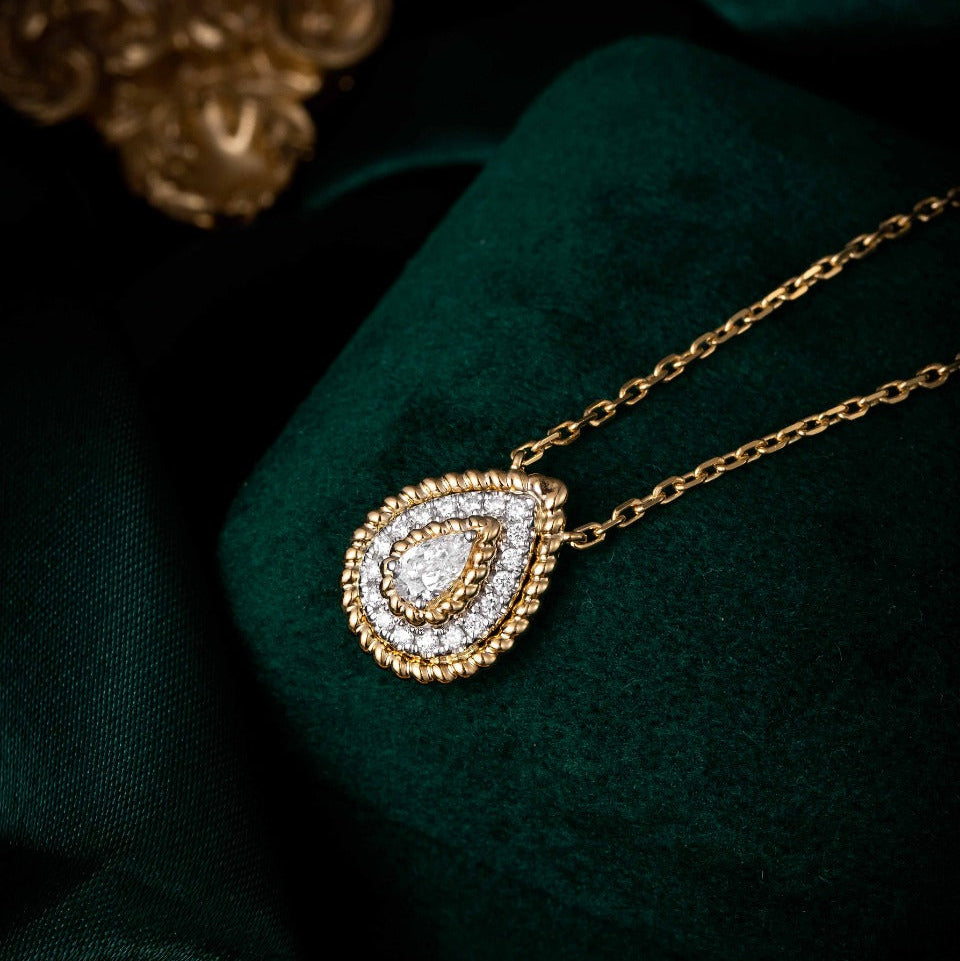 Contemporary Pear Halo Lab Grown Diamond Pendant 16-18 Inch in 14k Yellow Gold