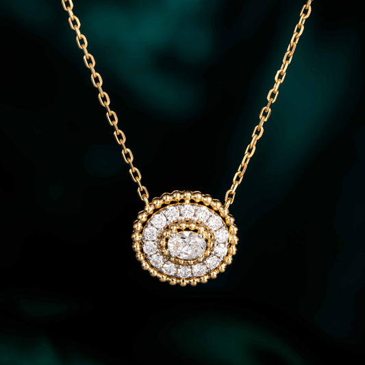 Contemporary Oval Halo Lab Grown Diamond Pendant 16-18 Inch in 14k Yellow Gold