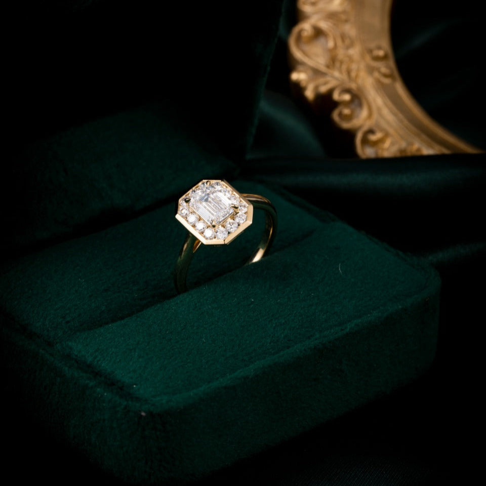 1 ct Bezel Emerald Halo Lab Grown Diamond Engagement Ring in 14k Yellow Gold