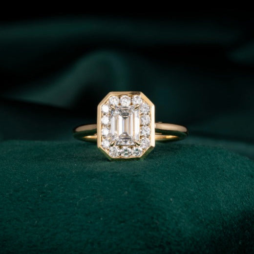 1 ct Bezel Emerald Halo Lab Grown Diamond Engagement Ring in 14k Yellow Gold