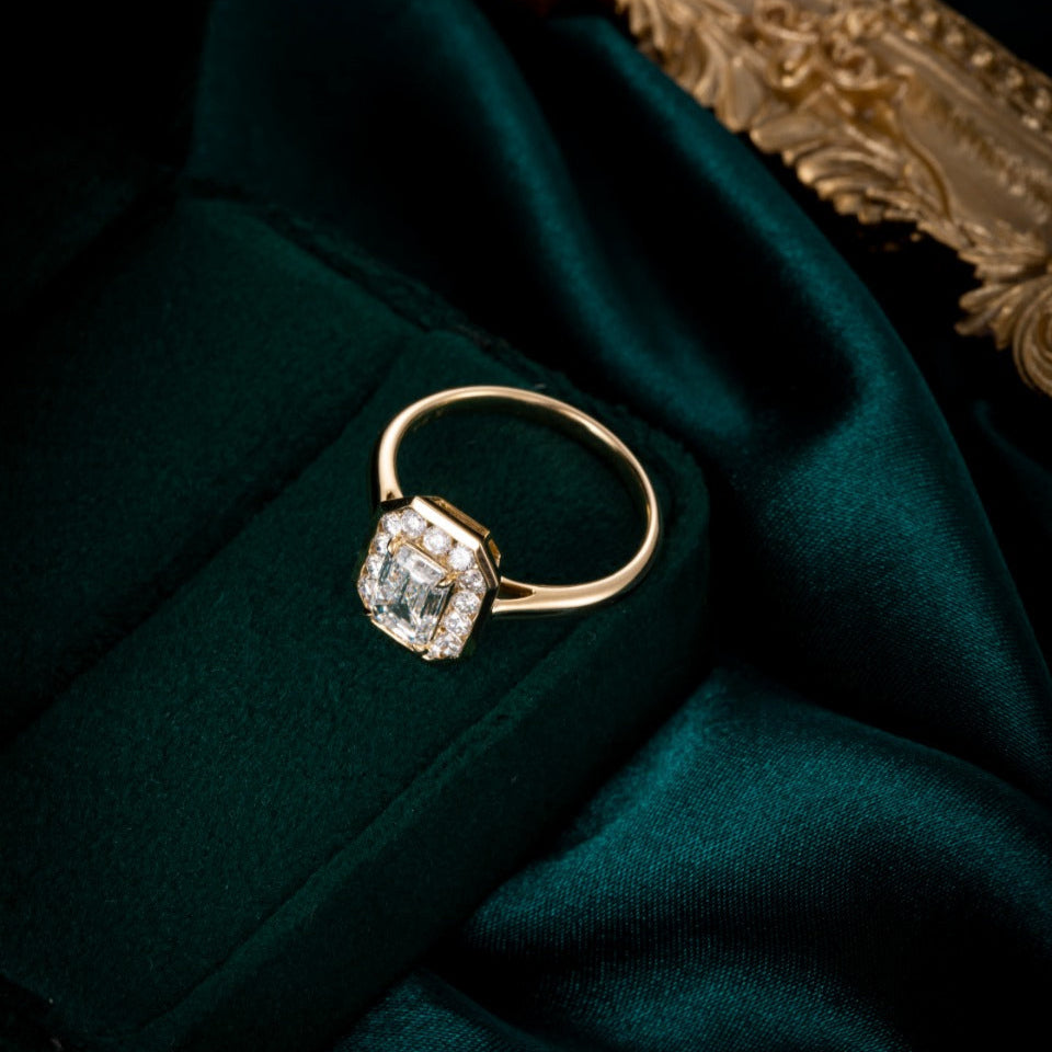 1 ct Bezel Emerald Halo Lab Grown Diamond Engagement Ring in 14k Yellow Gold