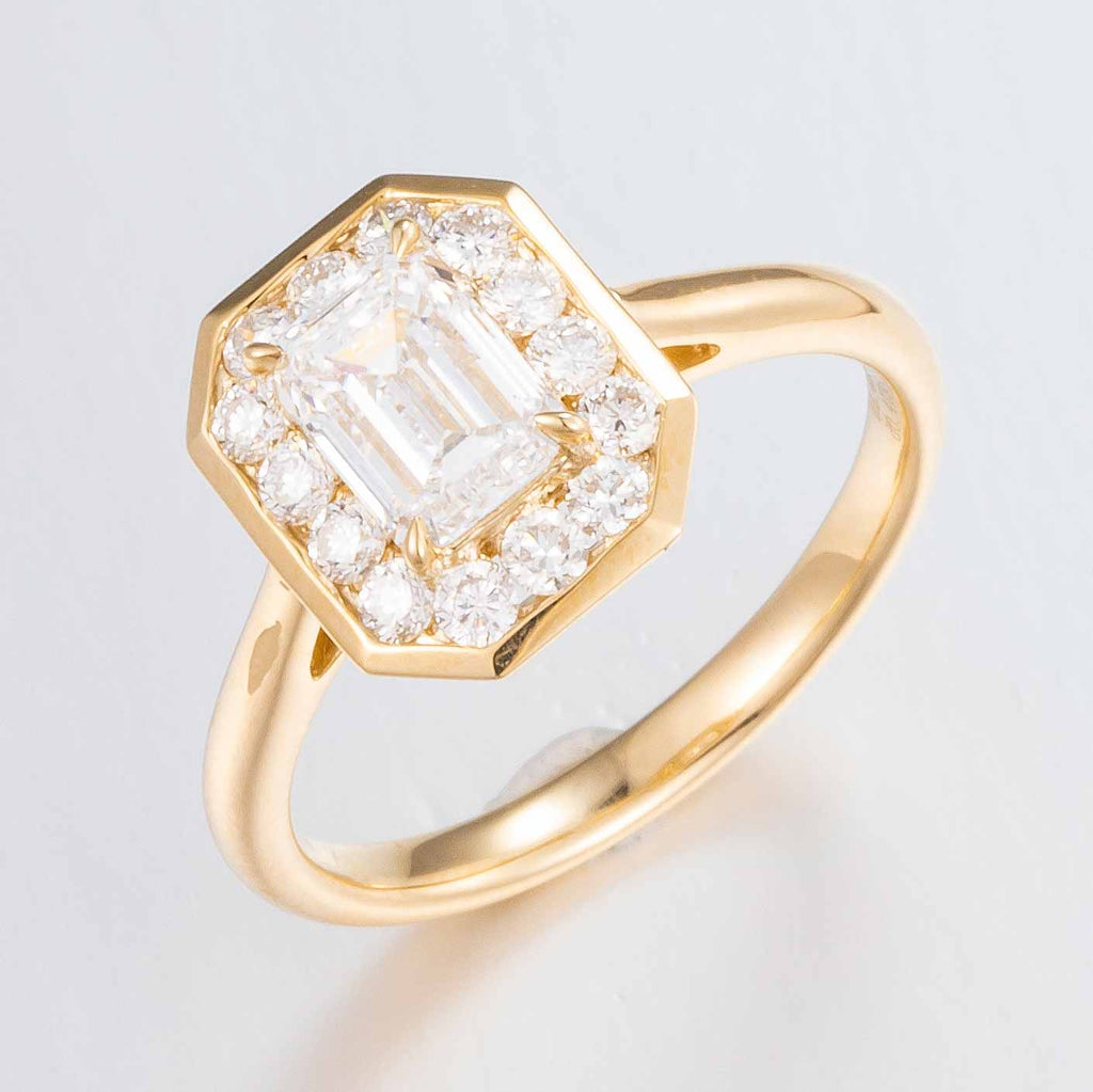 1 ct Bezel Emerald Halo Lab Grown Diamond Engagement Ring in 14k Yellow Gold