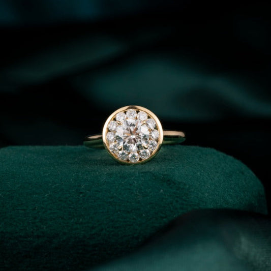 1ct Bezel Round Halo Lab Grown Diamond Engagement Ring in 14k Yellow Gold