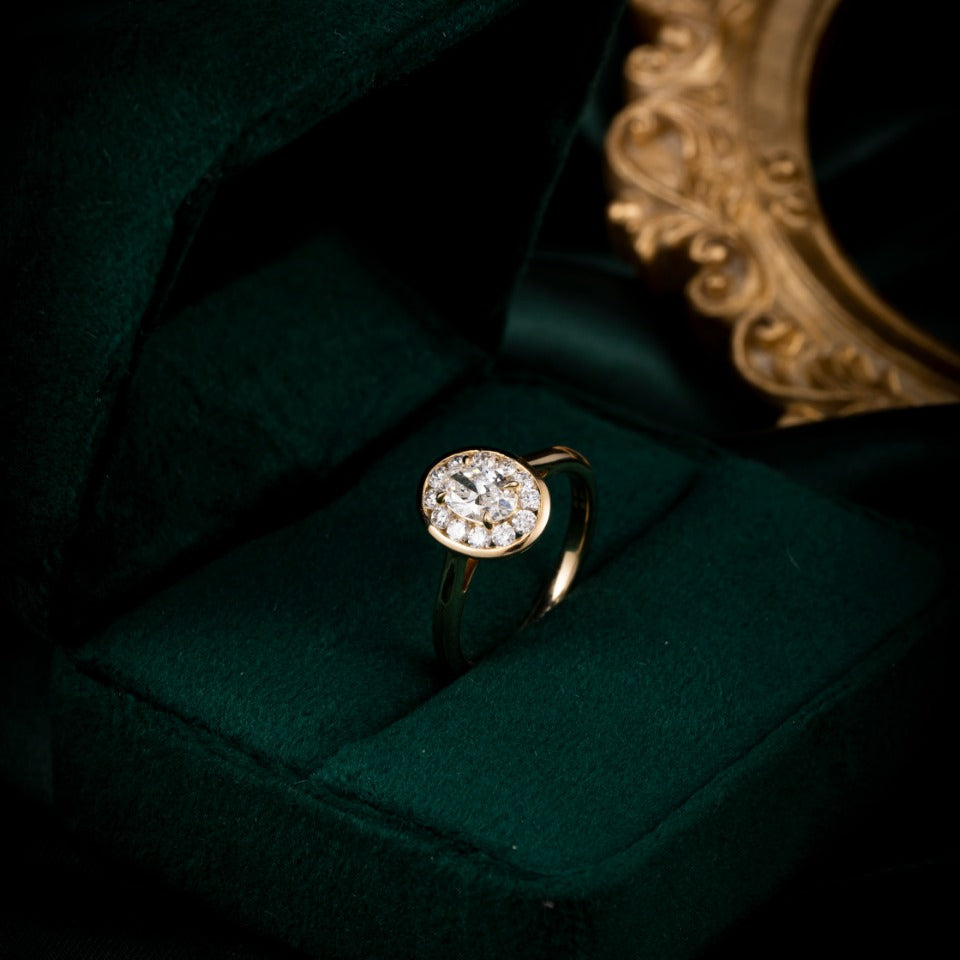 1/2 ct Bezel Oval Halo Lab Grown Diamond Engagement Ring in 14k Gold