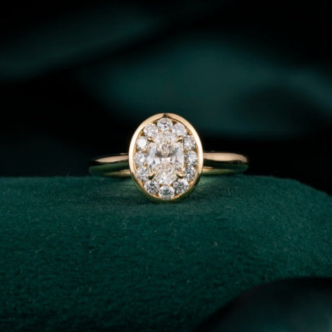 1/2 ct Bezel Oval Halo Lab Grown Diamond Engagement Ring in 14k Gold