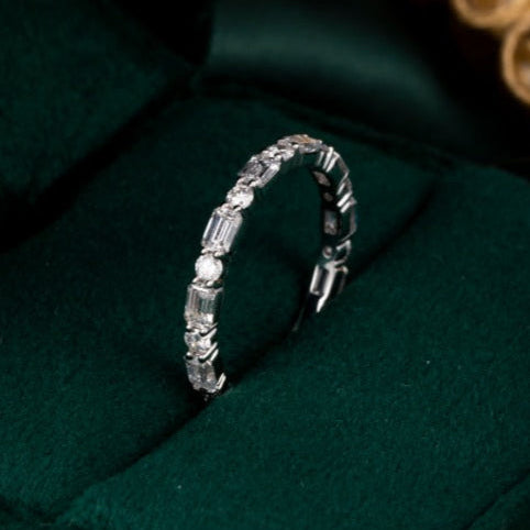 Emerald and round cut Lab Grown Diamond Eternity Ring in 14k white gold