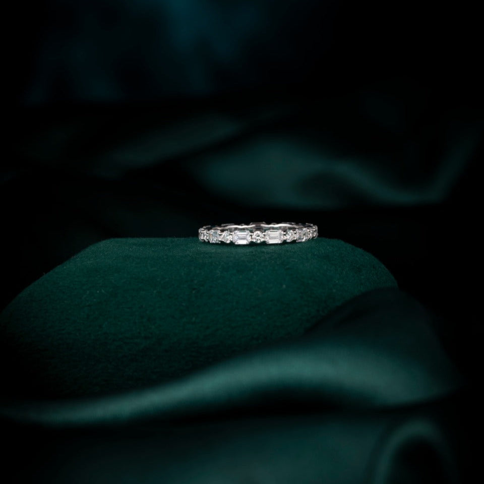Emerald and round cut Lab Grown Diamond Eternity Ring in 14k white gold