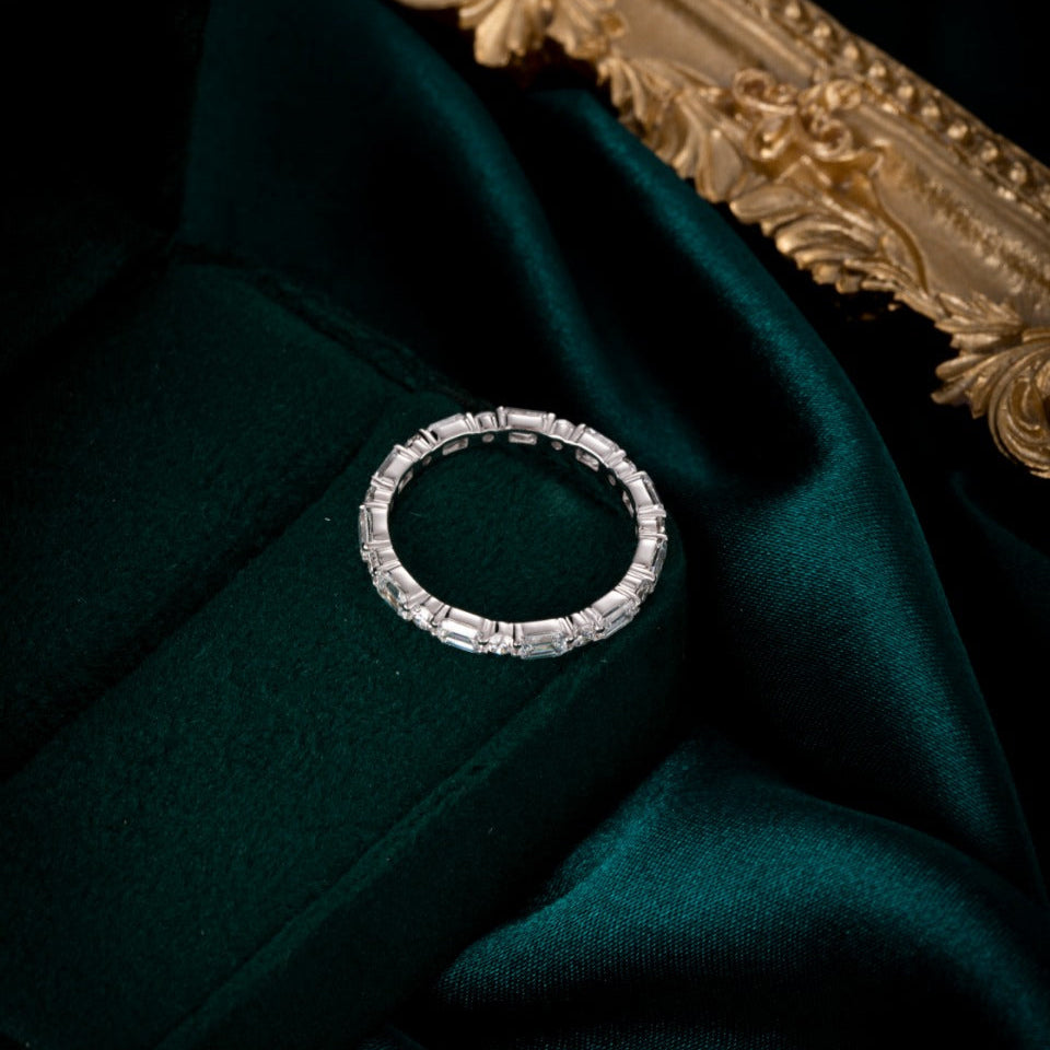 Emerald and round cut Lab Grown Diamond Eternity Ring in 14k white gold
