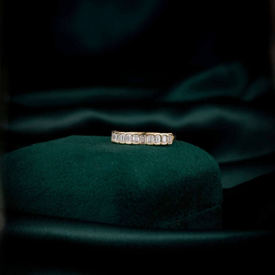 12 stones Emerald cut Lab Grown Diamond Bezel Half Eternity Ring in 14k yellow gold