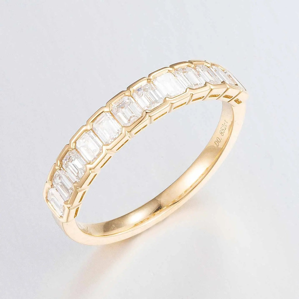 12 stones Emerald cut Lab Grown Diamond Bezel Half Eternity Ring in 14k yellow gold