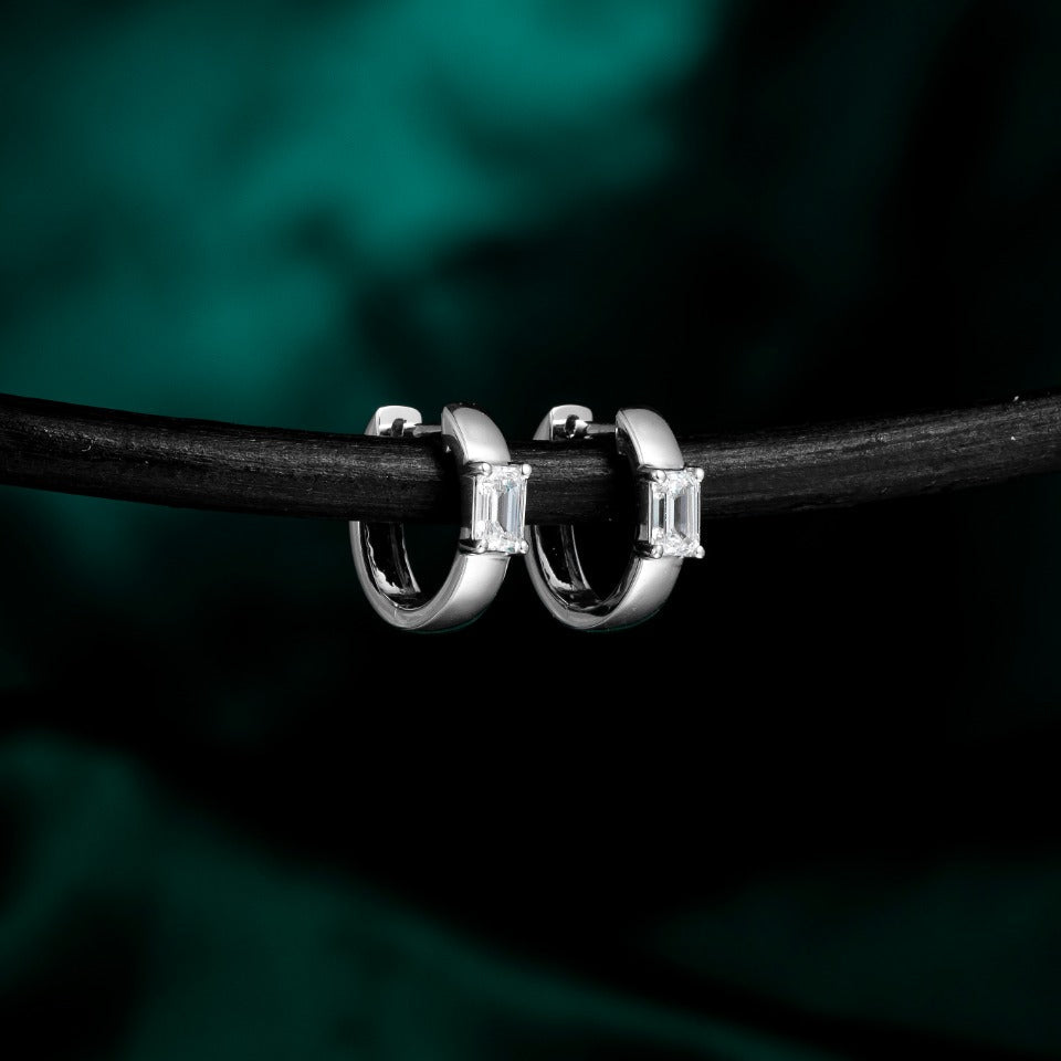 1/2 carat Emerald Diamond Hoop Earrings in 14k White gold