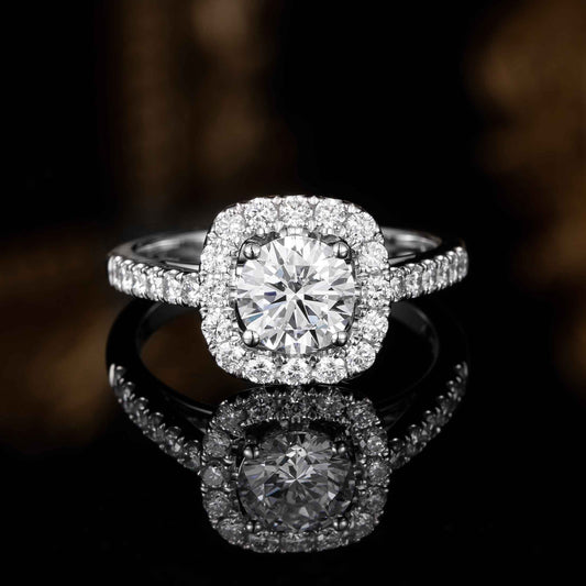 1ct Round Cushion Halo Lab Grown Diamond Engagement Ring in 14K White Gold