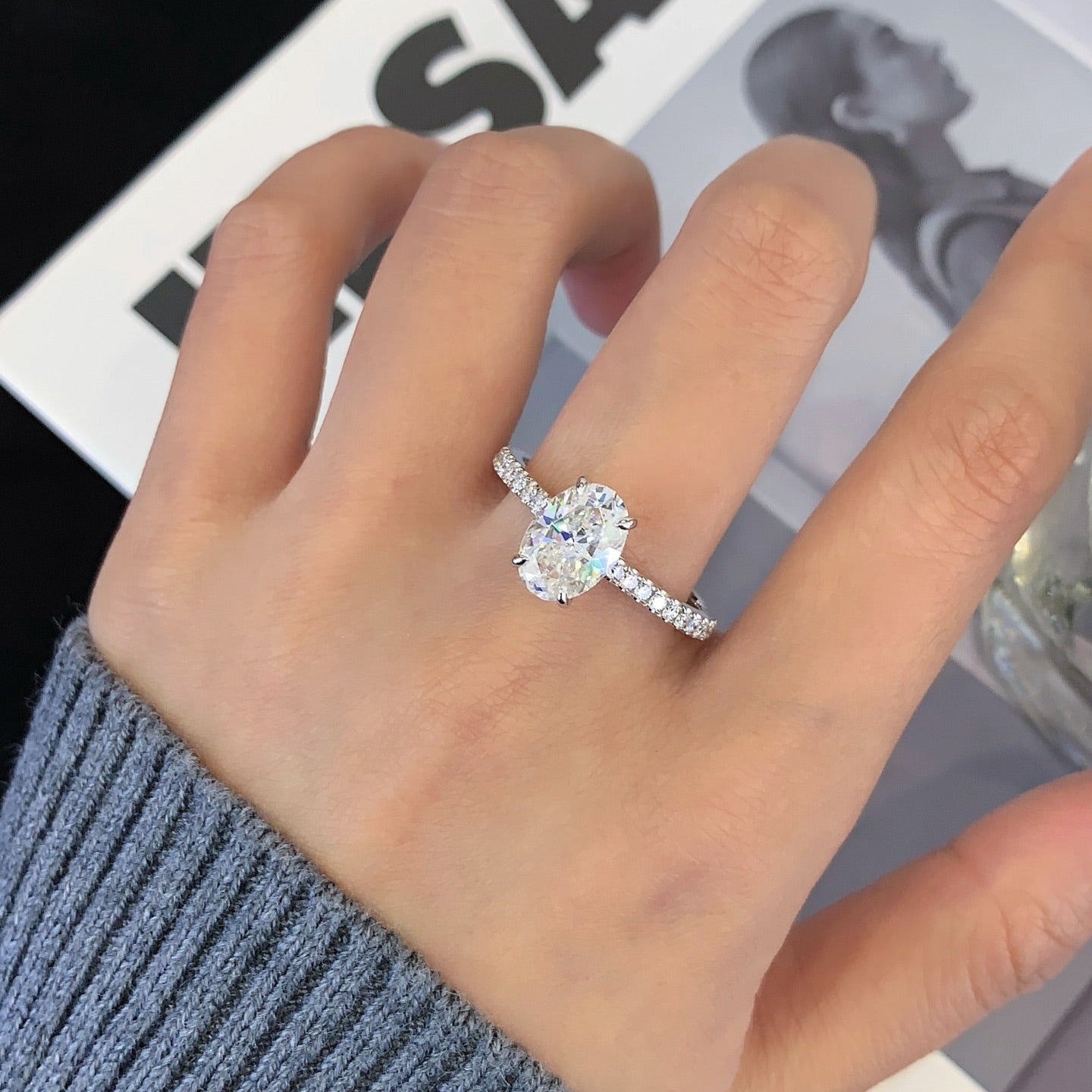 1.5 ct Oval Hidden Circlet & Pave Lab Grown Diamond Ring in Platinum