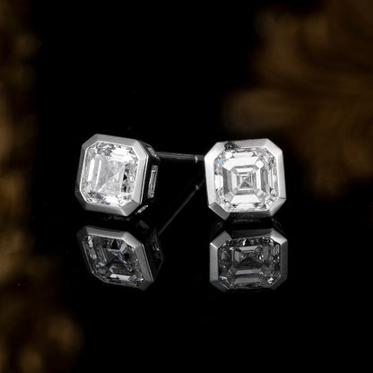 1 1/2 ctw Bezel Asscher Cut Earstuds(Pair) in 14k Yellow Gold