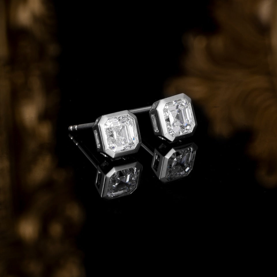1 1/2 ctw Bezel Asscher Cut Earstuds(Pair) in 14k White Gold