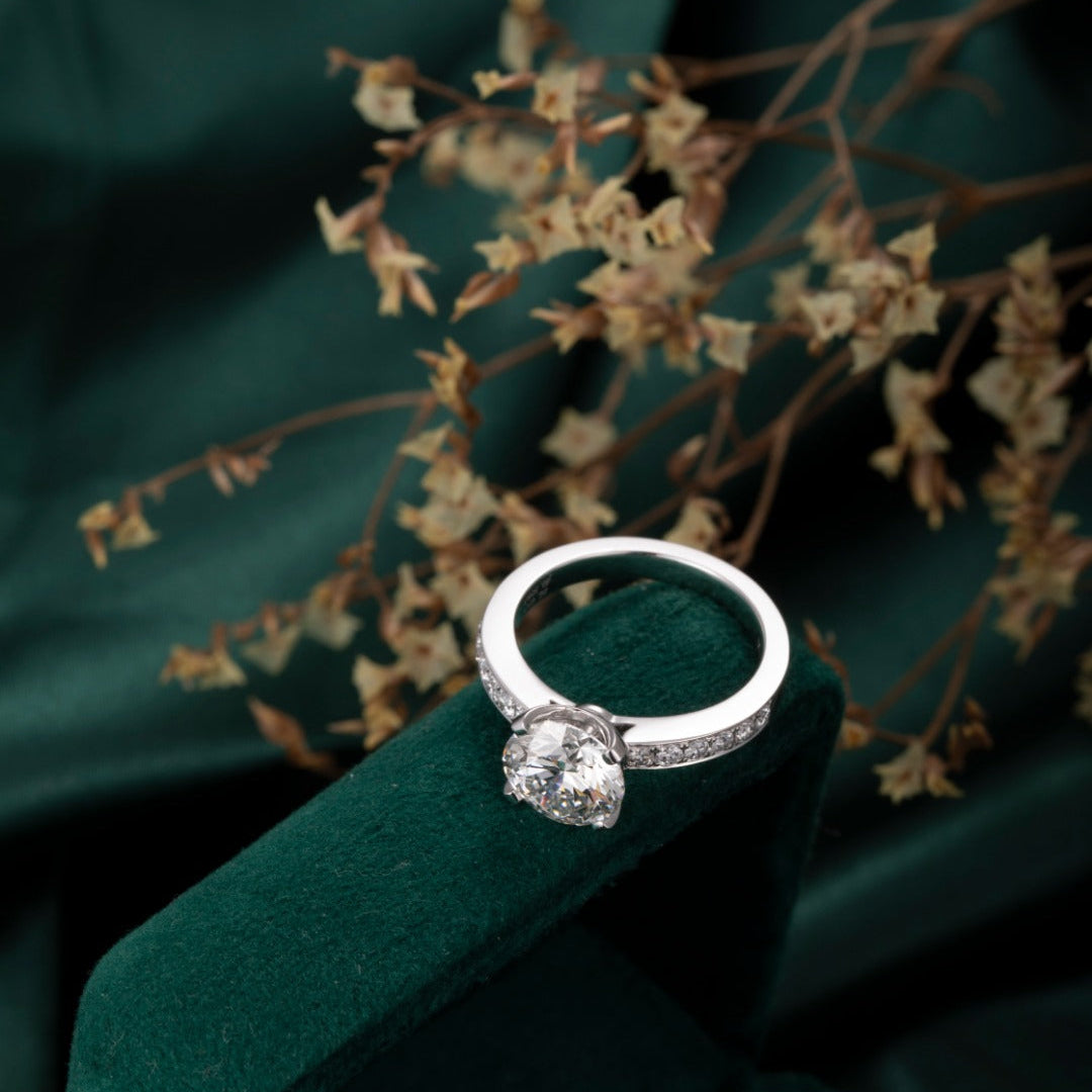 1ct Round cut Pave Lab Grown Diamond Ring in 14K White Gold