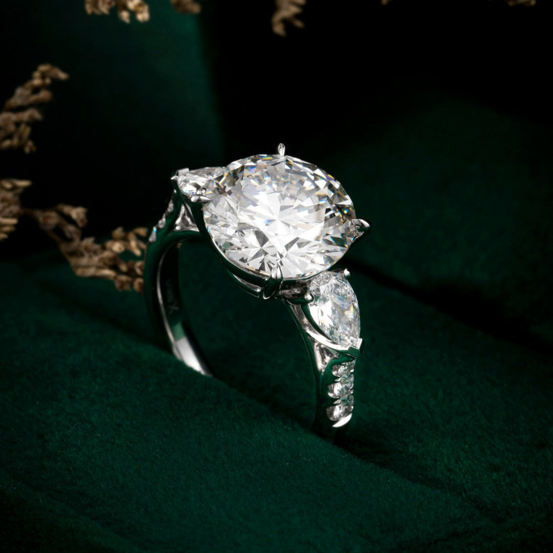 1 ct Round cut Three Stone Pear Lab Grown Diamond Engagement Ring in 14k White Gold