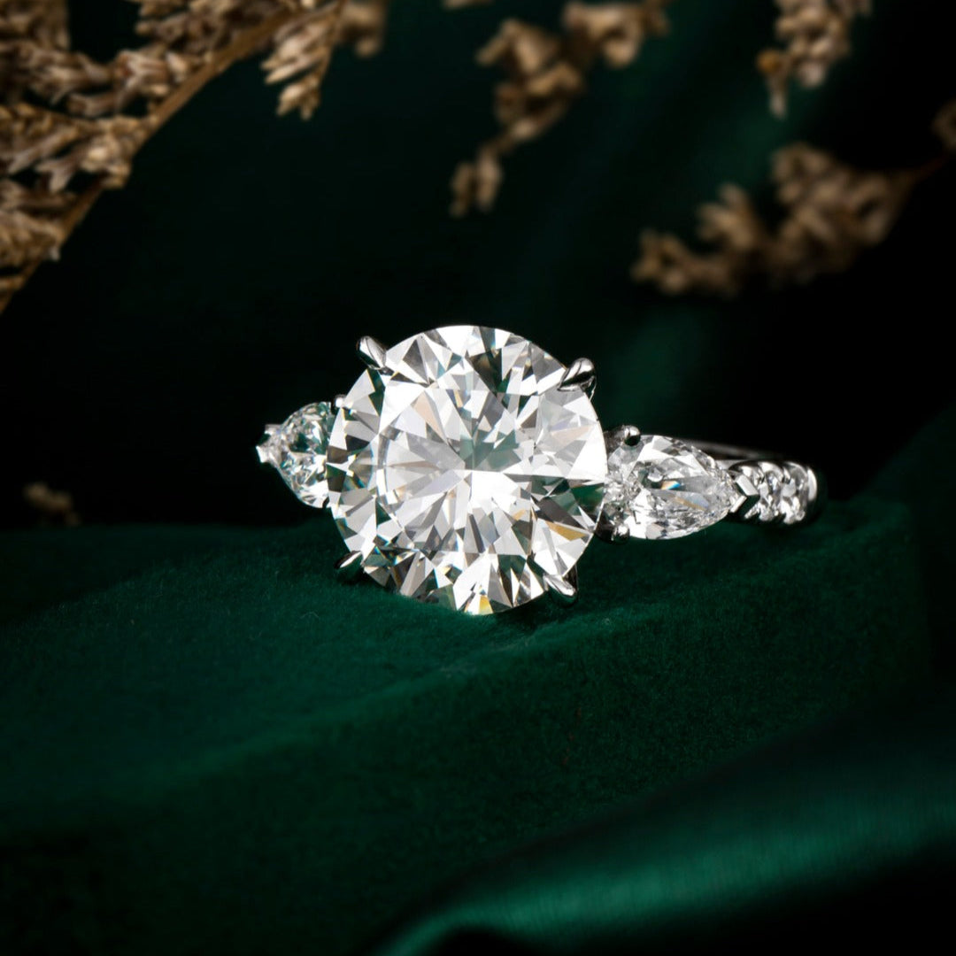 1 ct Round cut Three Stone Pear Lab Grown Diamond Engagement Ring in 14k White Gold