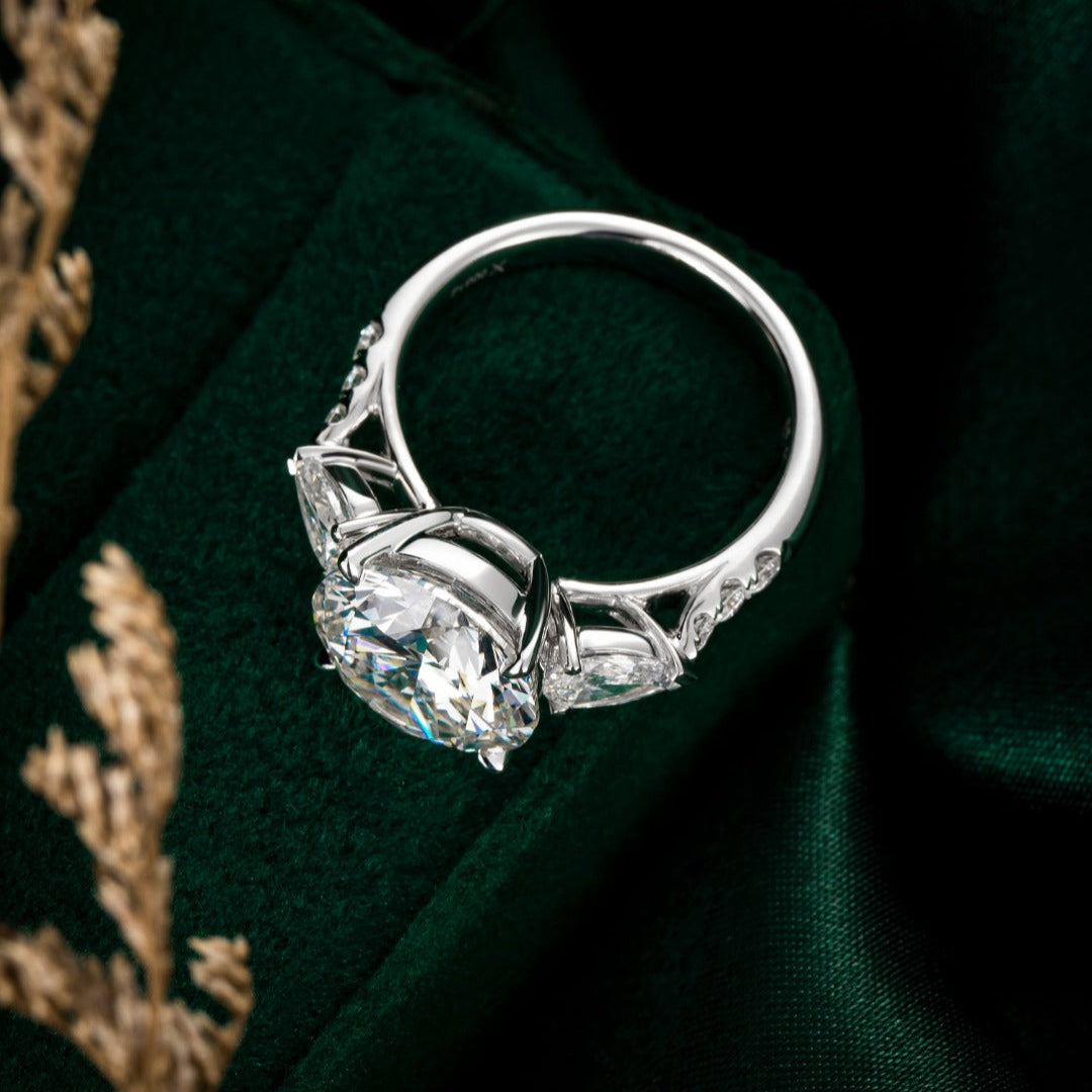1 ct Round cut Three Stone Pear Lab Grown Diamond Engagement Ring in 14k White Gold