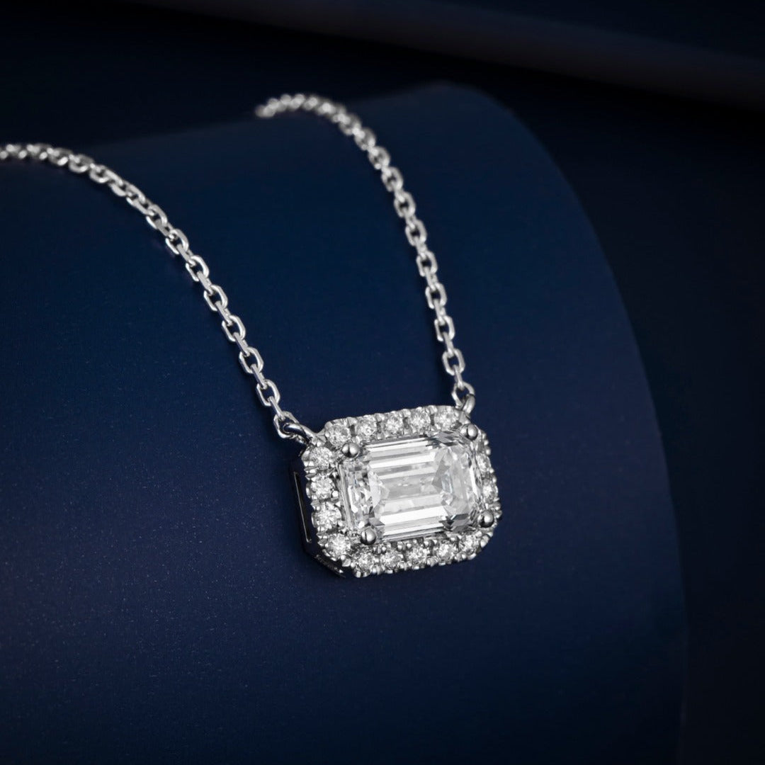 1ct Emerald Halo East-West Lab Grown Diamond Necklace in 14K White Gold