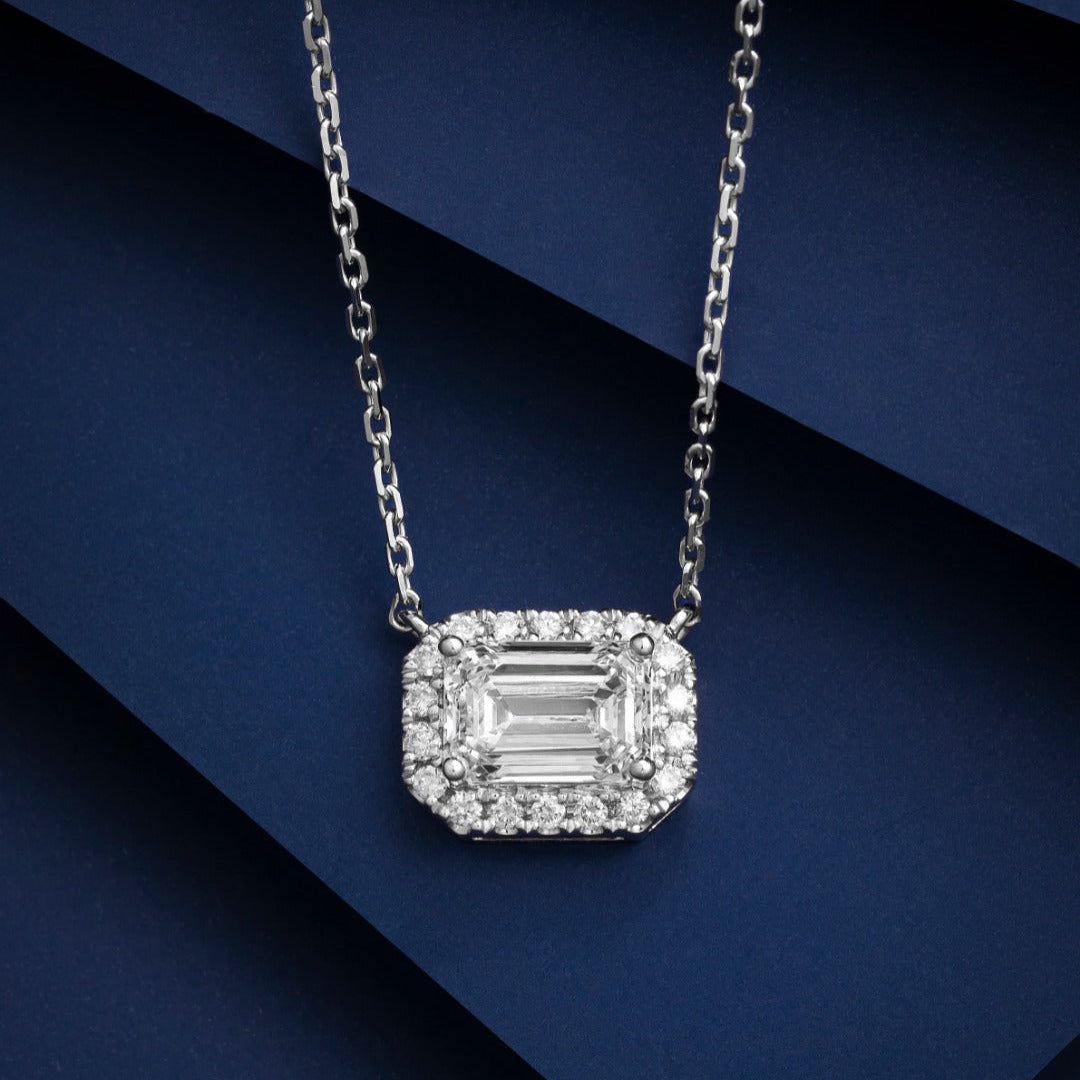 1ct Emerald Halo East-West Lab Grown Diamond Necklace in 14K White Gold