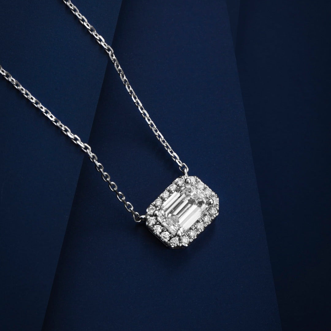 1ct Emerald Halo East-West Lab Grown Diamond Necklace in 14K White Gold
