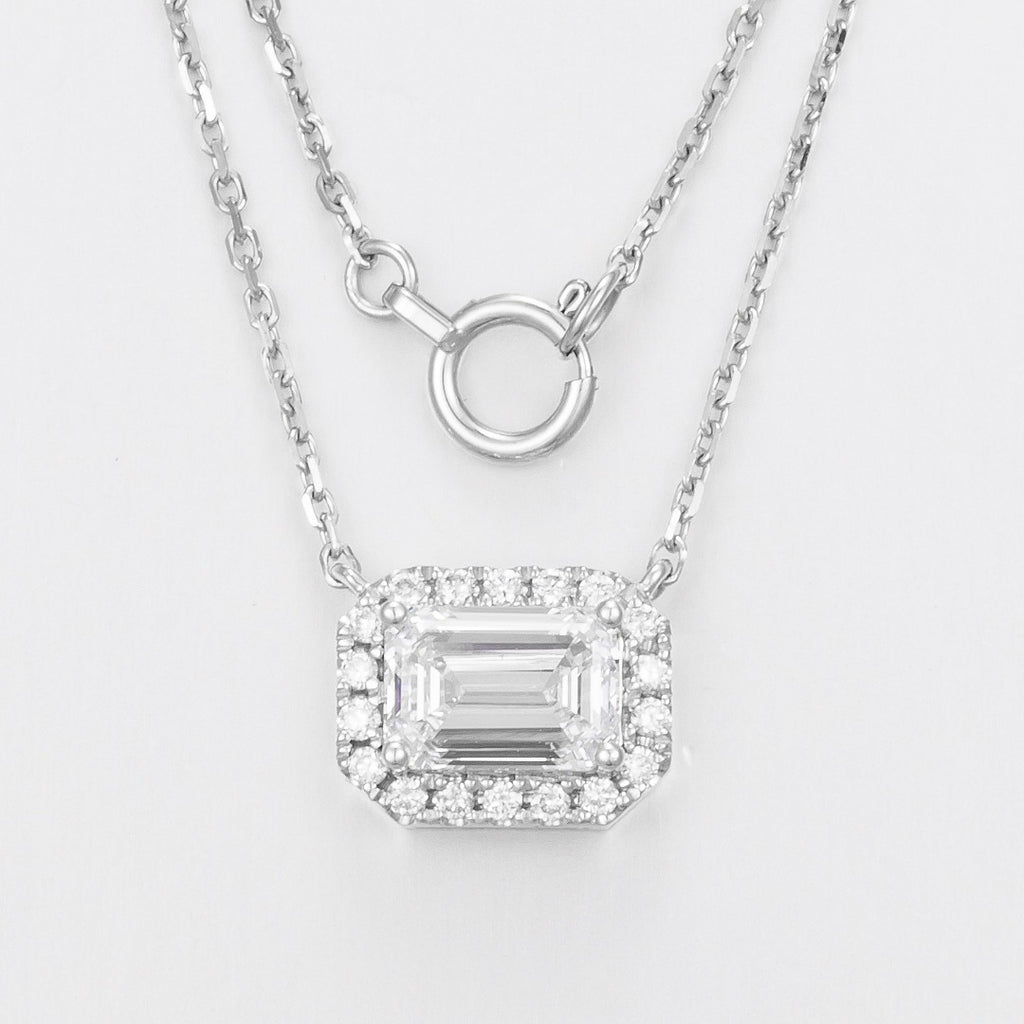 1ct Emerald Halo East-West Lab Grown Diamond Necklace in 14K White Gold