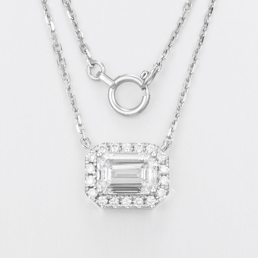 1ct Emerald Halo East-West Lab Grown Diamond Necklace in 14K White Gold
