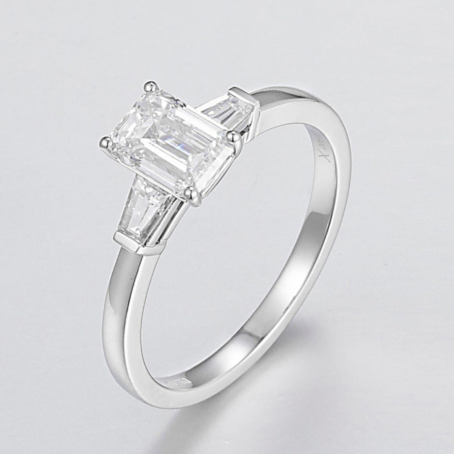 1 ct Three Stone Emerald &Tapered Baguette Lab Grown Diamond Engagement Ring in Platinum