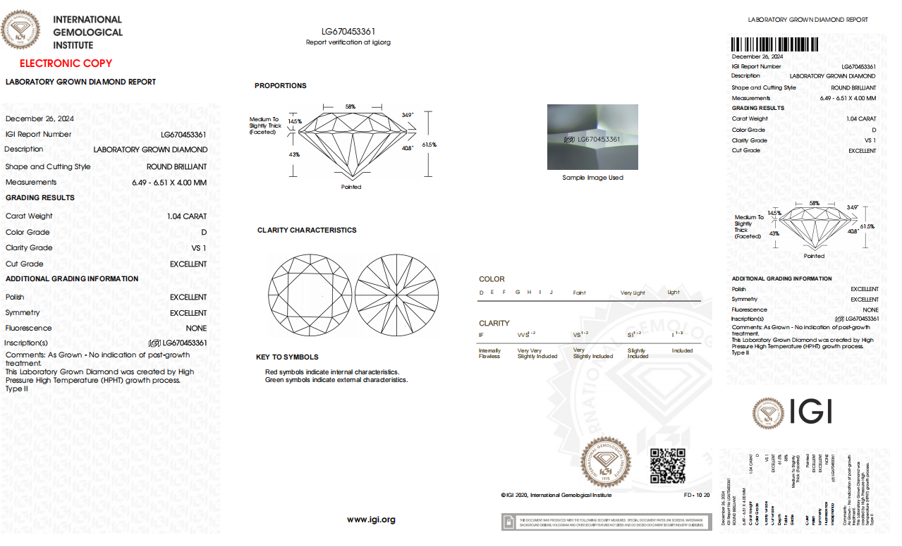 1 Carat Round Brilliant Lab Grown Diamond D Color VVS1 Clarity Excellent Cut -IGI Certified