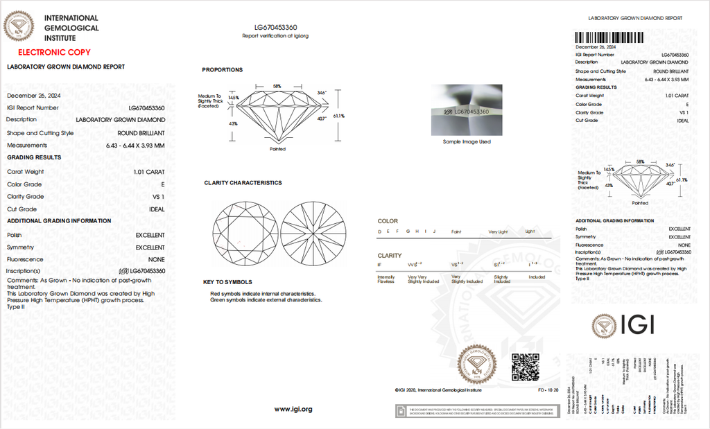 1.01 Carat Round Brilliant Lab Grown Diamond E Color VS1 Clarity IDEAL Cut -IGI Certified