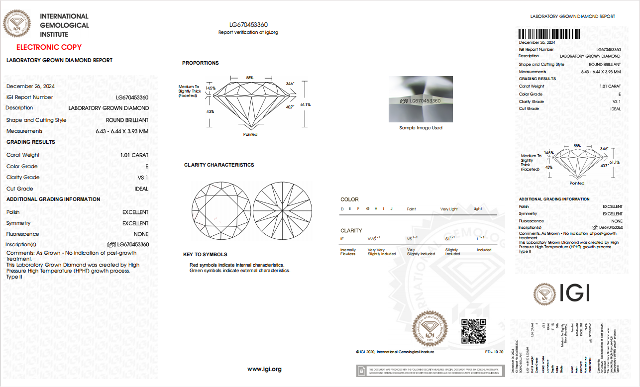 1.01 Carat Round Brilliant Lab Grown Diamond E Color VS1 Clarity IDEAL Cut -IGI Certified