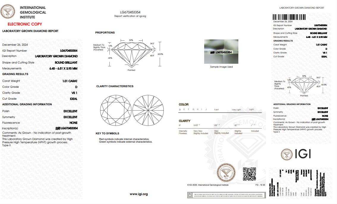 1.01 Carat Round Brilliant Lab Grown Diamond D Color VS1 Clarity IDEAL Cut -IGI Certified