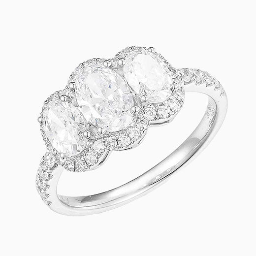 1ct Oval Diamond Three-Stone Halo Diamond Engagement Ring in Platinum