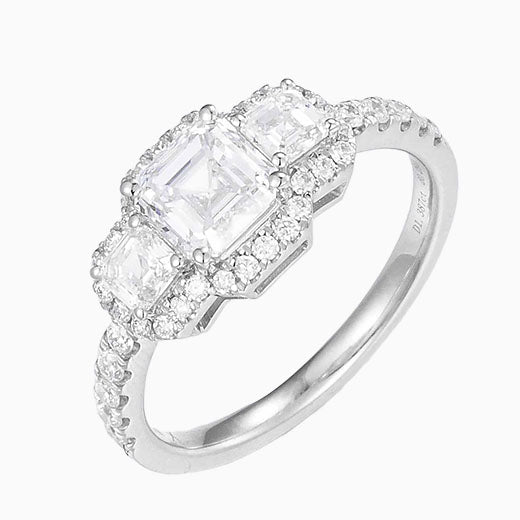 1ct Three stone Asscher cut Halo Lab Grown Diamond Engagement Ring in 14K White Gold
