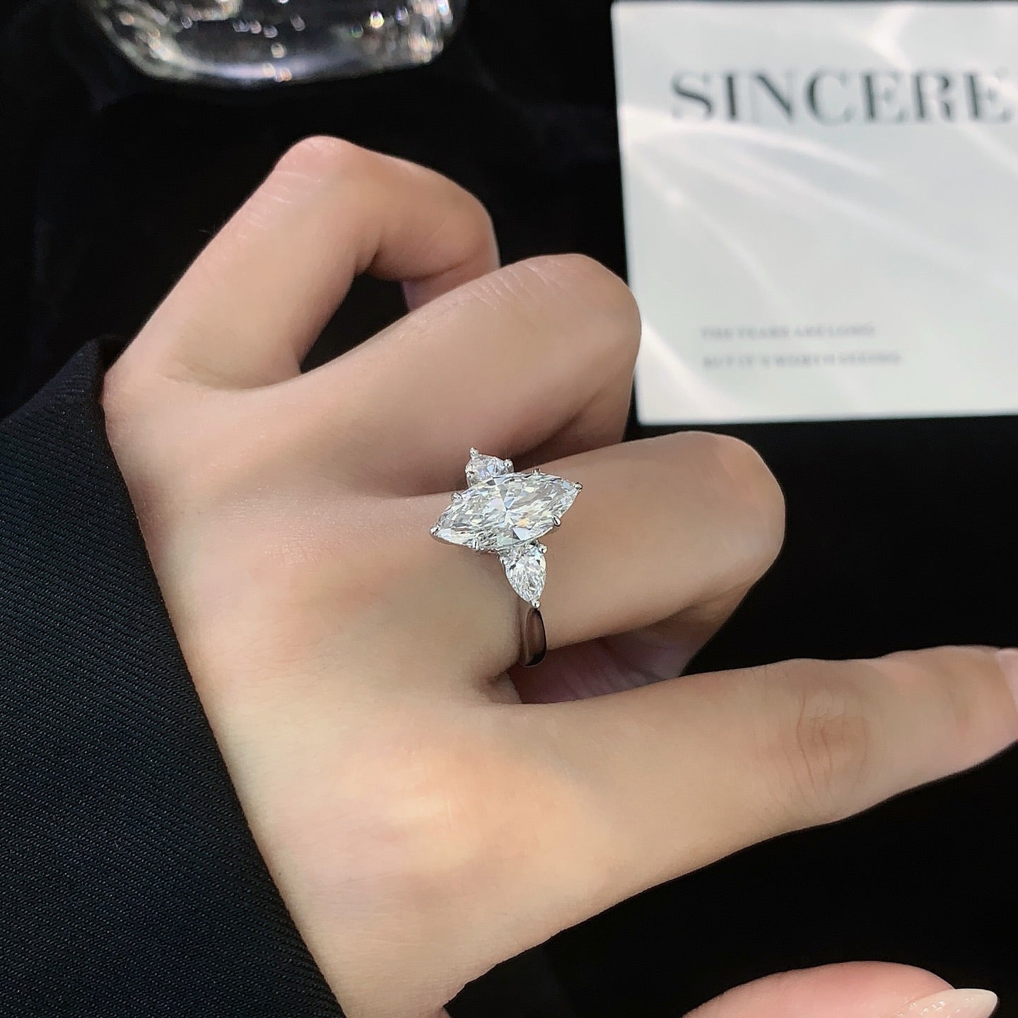 2 ct Three Stone Marquise &pear Lab Grown Diamond Ring in Platinum
