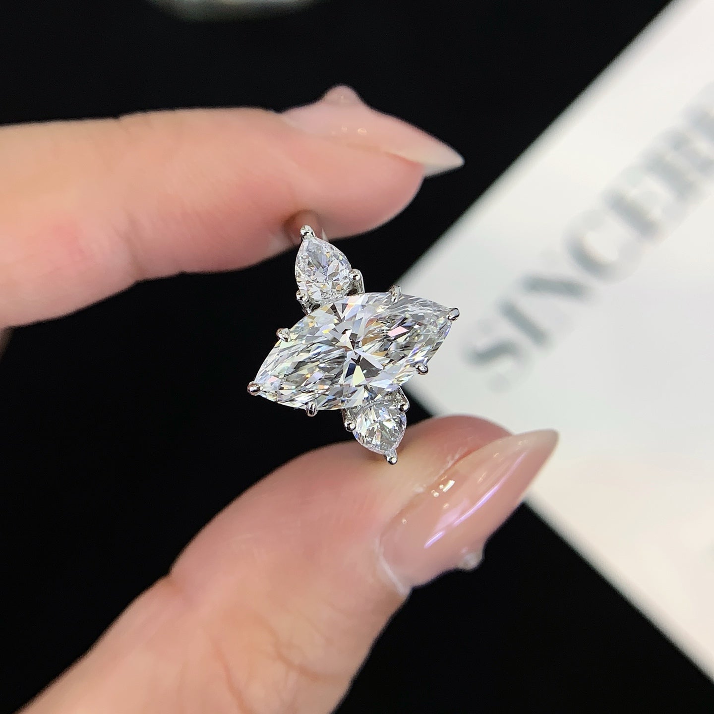 2 ct Three Stone Marquise &pear Lab Grown Diamond Ring in Platinum